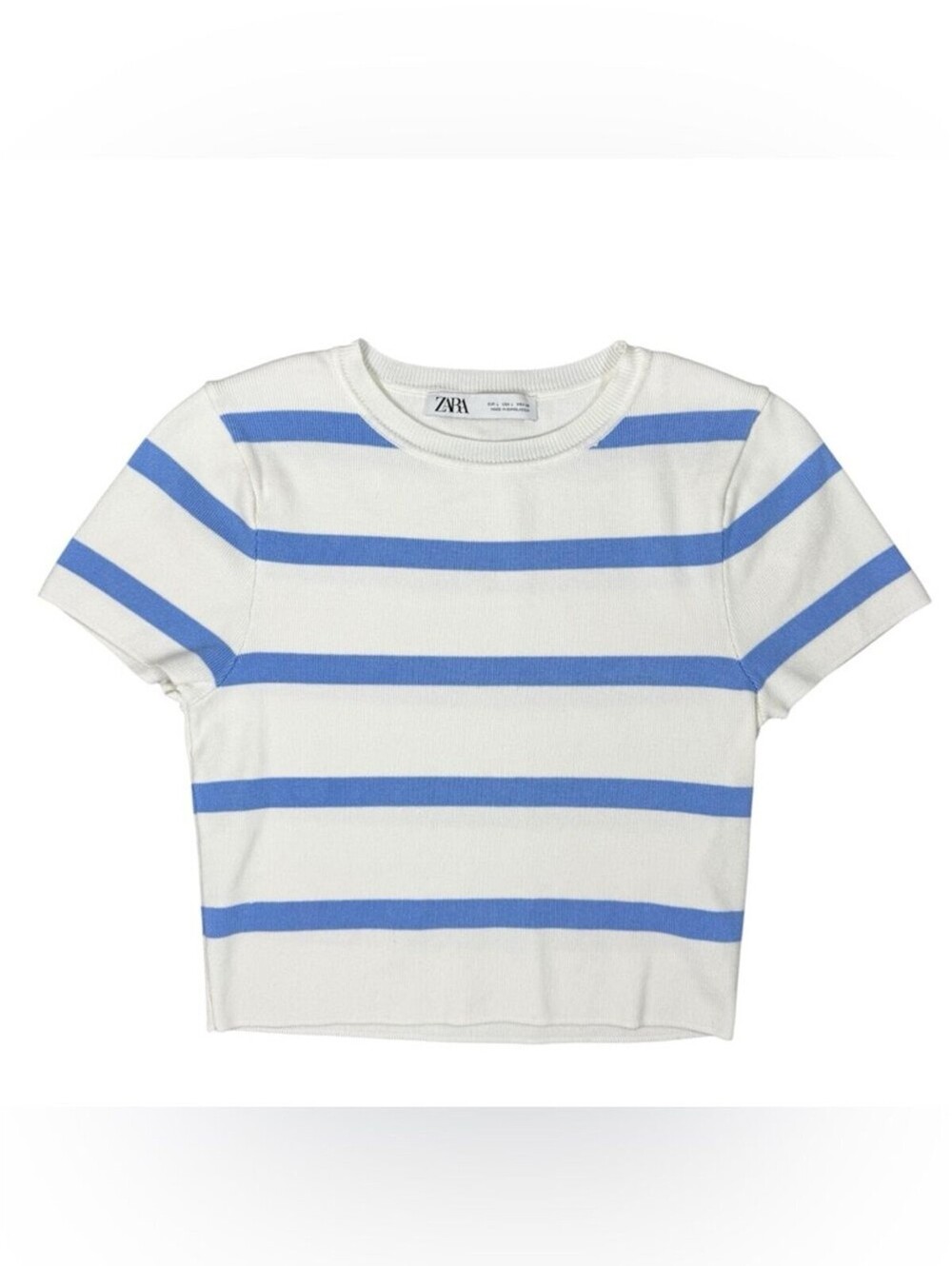 Zara Cropped Knit Sweater Large White Blue Stripes Short Sleeve Coastal Preppy